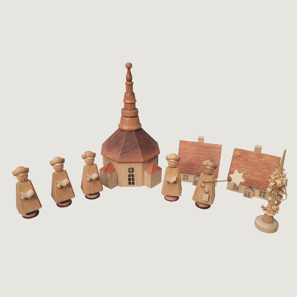 Vintage Erzgebirge Wooden Miniature Village Set Carolers Church Seiffen